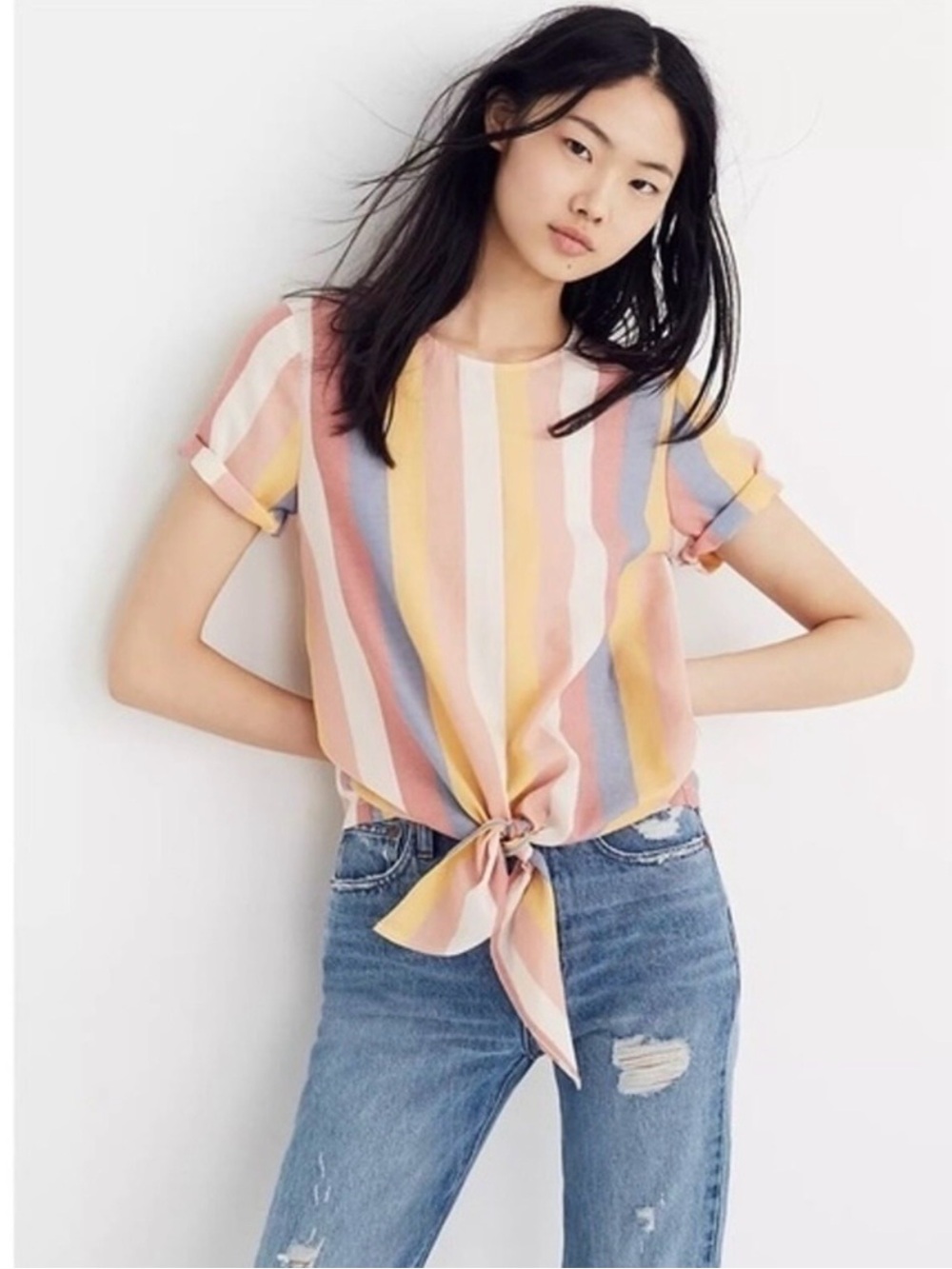 Madewell shirt striped tie front button back sherbet short sleeve cotton Size M
